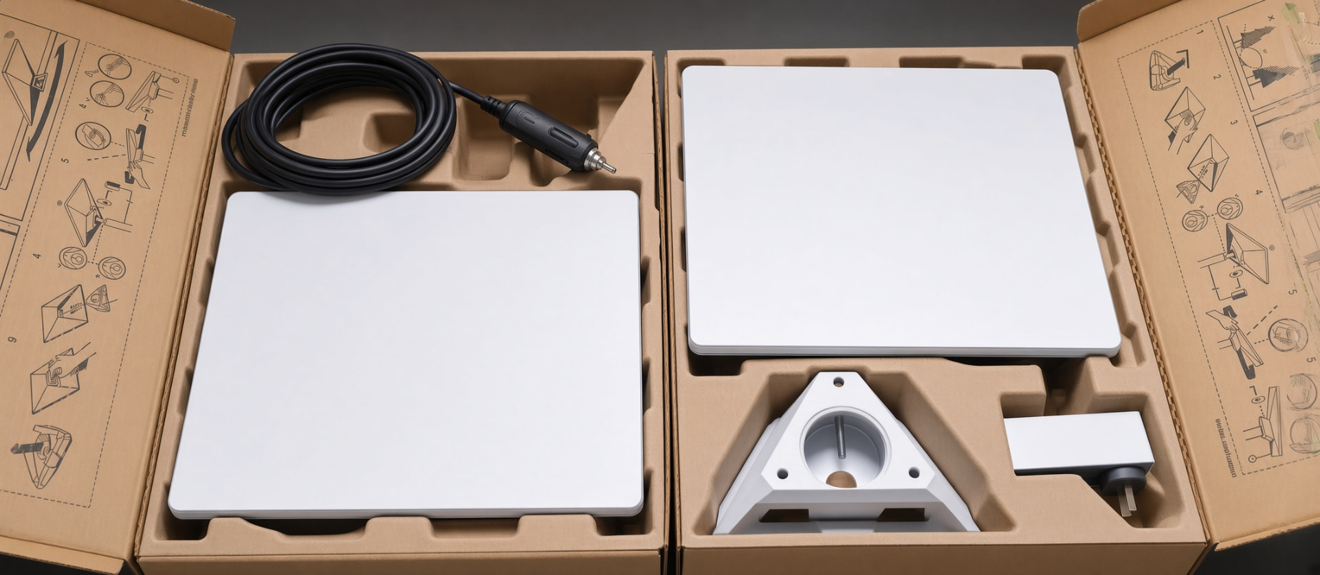 Dos kits Starlink abiertos, uno al lado del otro, listos para instalar