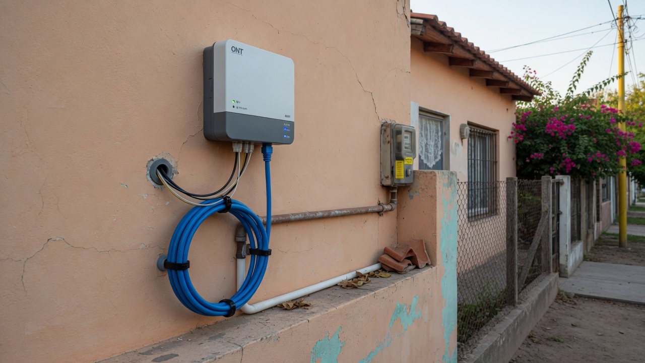 Equipo de fibra óptica instalado en la pared de una casa de Orán