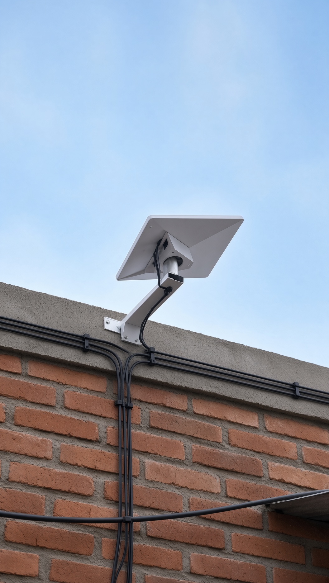 Antena Starlink instalada sobre una pared de ladrillo con el cableado prolijo